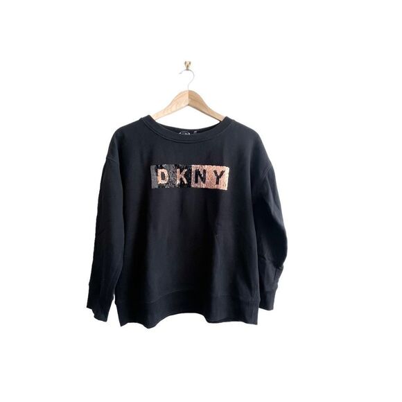 DKNY Sport Reversible Sequined Logo Long-Line Sweatshirt Black Women's M - Picture 1 of 8
